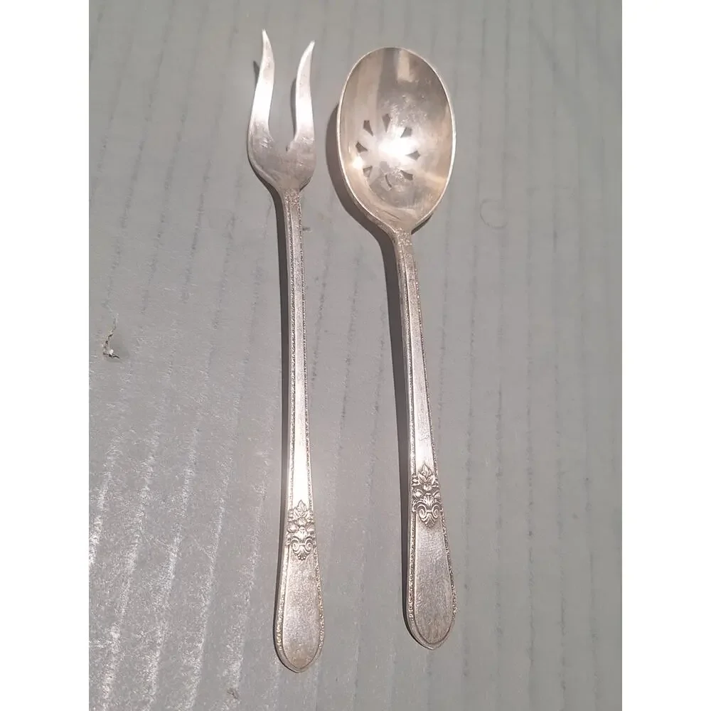 1847 Rogers Bros Adoration Silverplate Pickle Fork Pierced Serving Spoon Set
